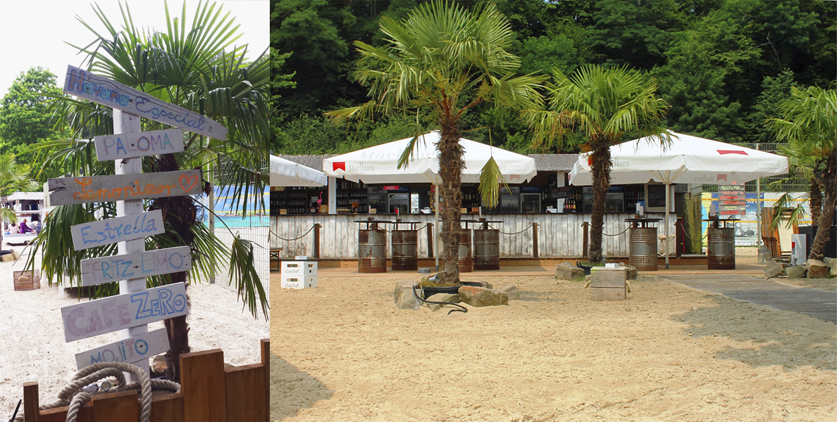 Die Collage zeigt die Palmenlandschaft auf dem StrandDeck und die große Bar.