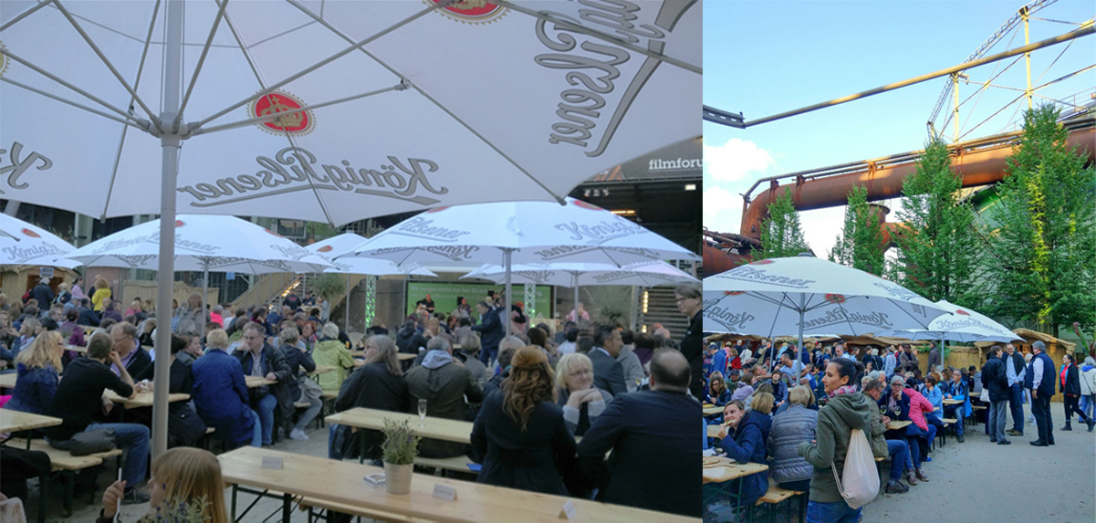 Die Collage zeigt die Live Musiker im Biergarten und den stahlblauen Himmel über der Industriekulisse im Landschaftspark Duisburg-Nord