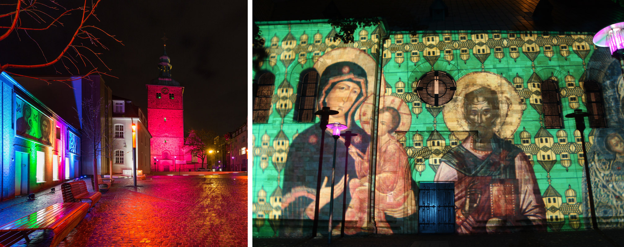 Das Bild zeigt die beleuchteten Fassaden des Ikonenmuseums Recklinghausen und der Pfarrkirche St. Peter