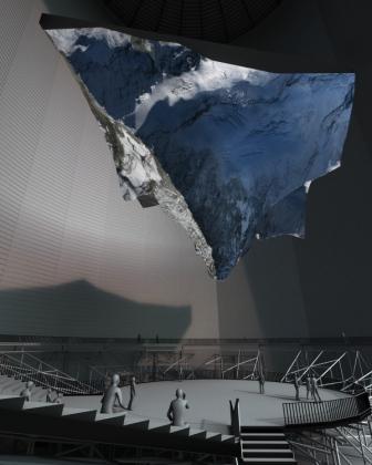 Das Foto zeigt eine Animation der Plastik des Matterhorns im Gasometer Oberhausen