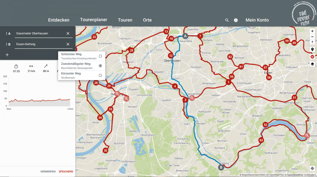 Das Foto zeigt die Tourenplanung im digitalen radtourenplaner.ruhr