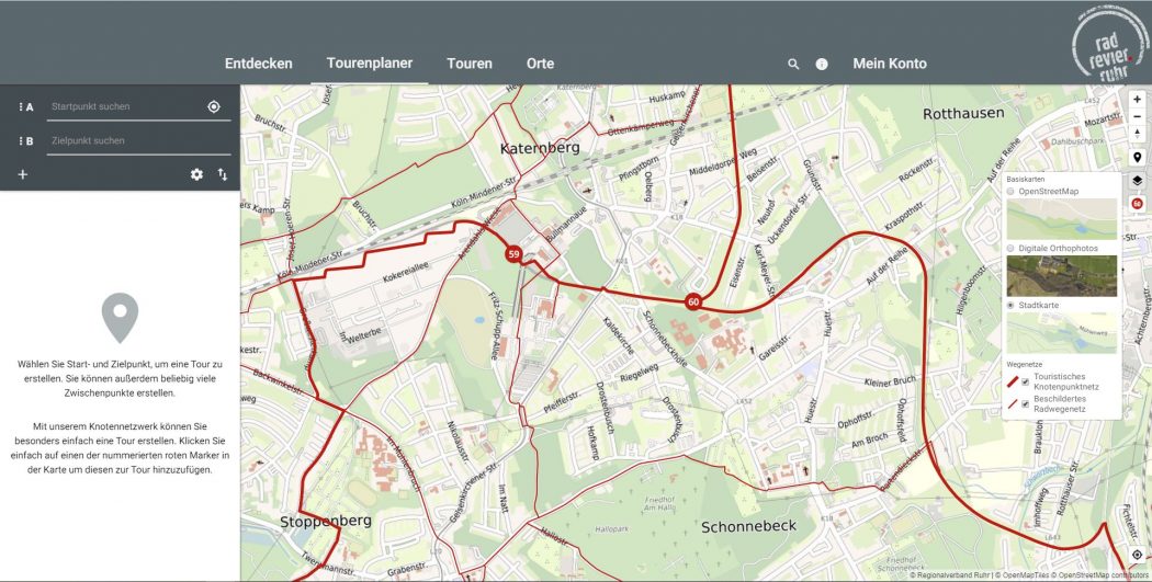 Das Foto zeigt eine Karte im digitalen radtourenplaner.ruhr