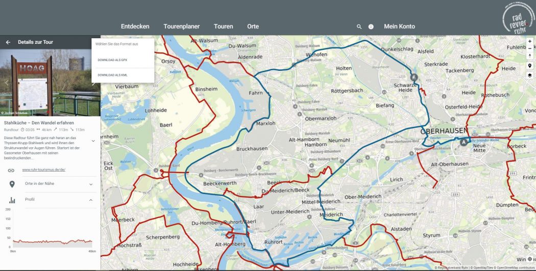 Das Foto zeigt die RevierRoute „Stahlküche“ im radtourenplaner.ruhr inkl. GPX-Download