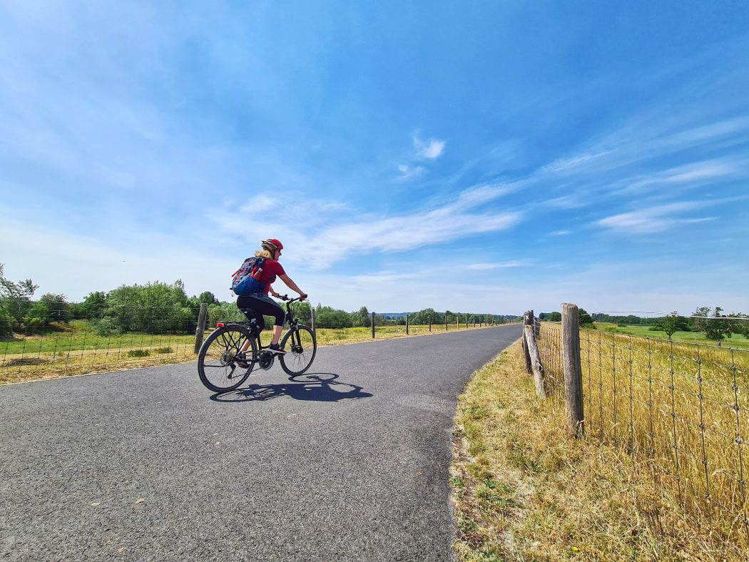 Das Foto zeigt eine Radfahrerin auf dem Deichradweg in Wesel