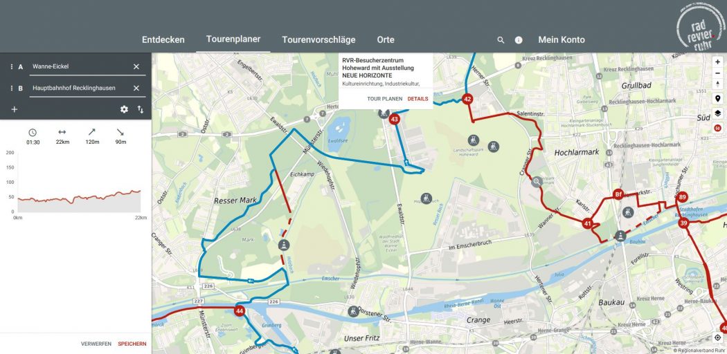 Das Foto zeigt einen Screenshot aus dem radtourenplaner.ruhr