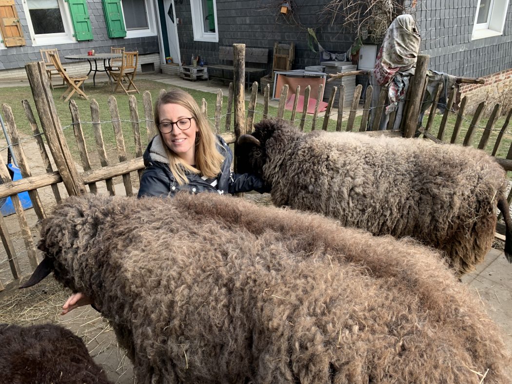 Das Foto zeigt Nina mit den Schafen Kopernikus und Carlotta auf dem Begegnungshof in der Espe mitten in der Elfringhauser Schweiz