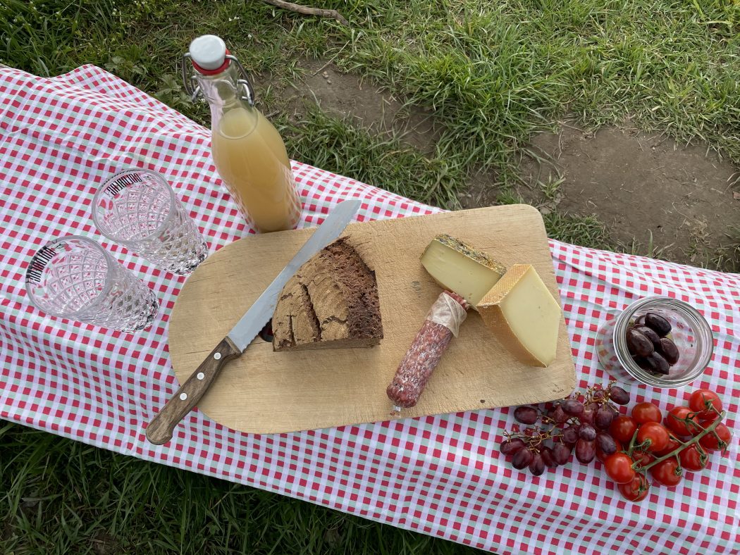 Das Foto zeigt Käse, Trauben und Tomaten als Picknick im Ruhrgebiet auf dem Auberg in Mülheim an der Ruhr