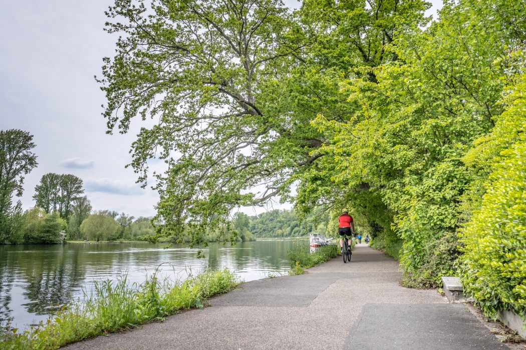 Das Foto zeigt Jochen auf einem Gravelbike auf dem Leinpfad bei Mülheim an der Ruhr