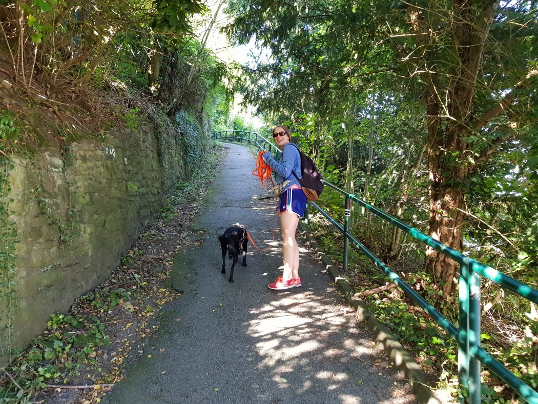 Das Foto zeigt Melissas Schwester mit Hund auf dem Kettwiger Panoramasteig