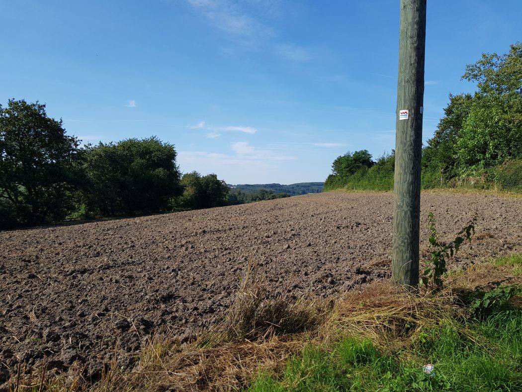 Das Foto zeigt die Wegmarke des Kettwiger Panoramasteigs an einem Feld in Essen