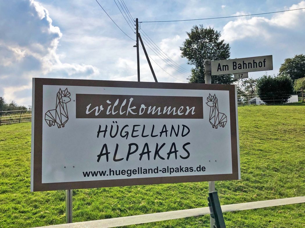 Das Foto zeigt ein Schild der Hügelland Alpakas in Hattingen