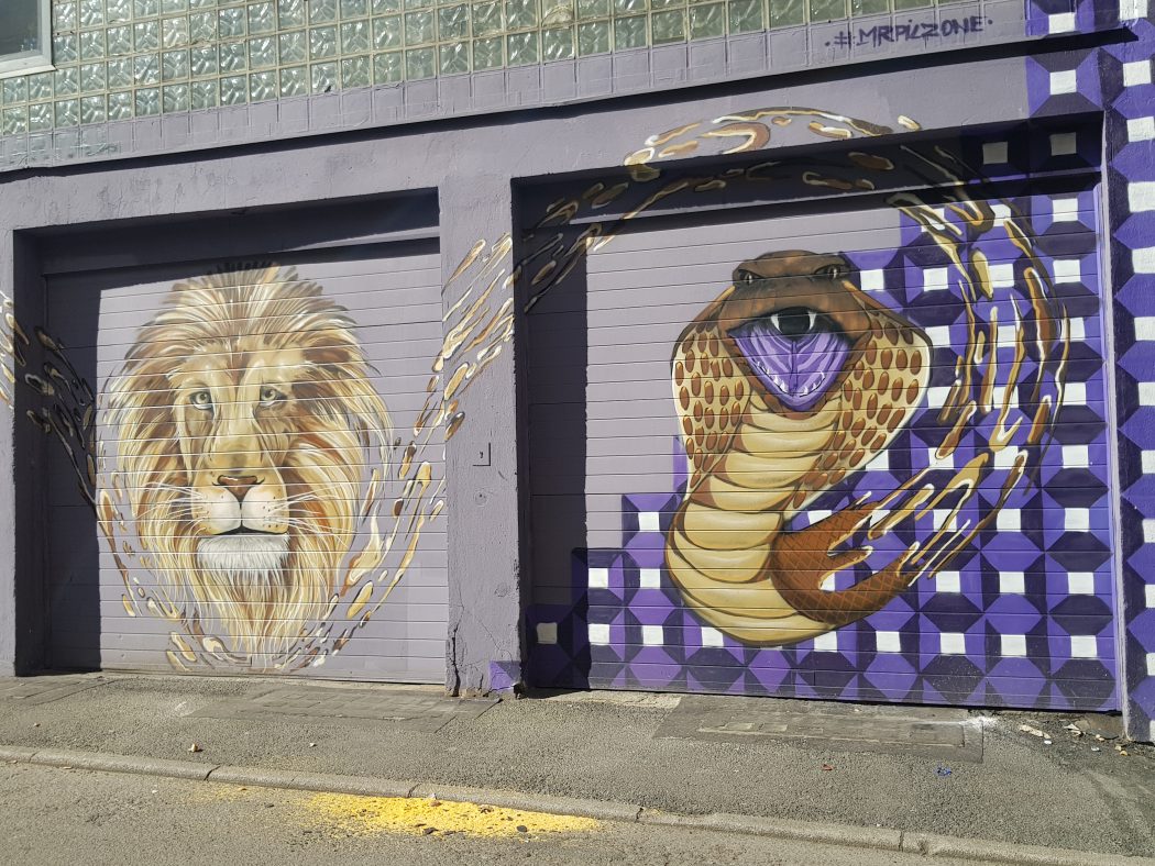 Das Foto zeigt Graffittis auf zwei Garagen in Essen