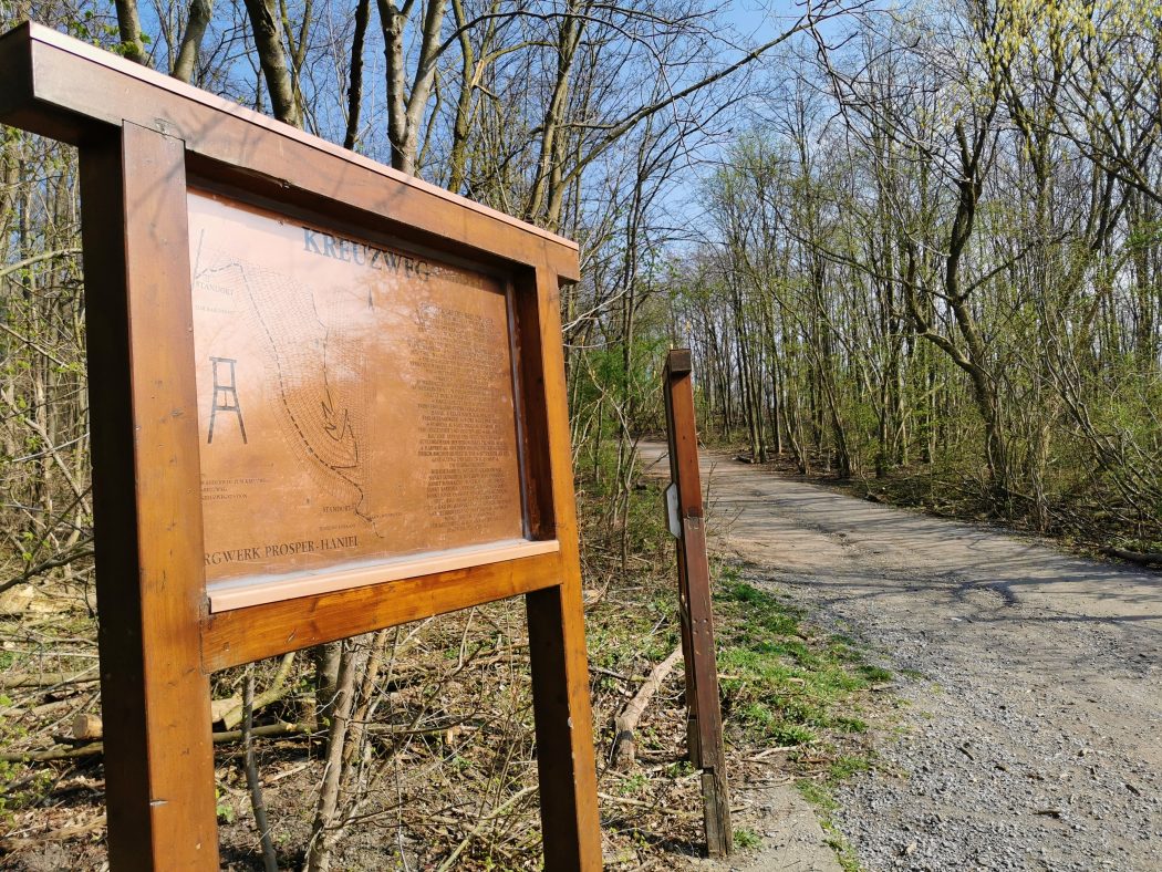 Das Foto zeigt ein Schild mit Informationen über den Kreuzweg hoch zur Halde Haniel