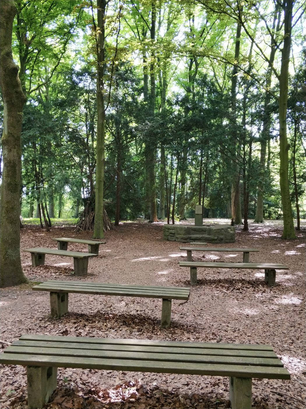 Das Foto zeigt den Gottesdienstplatz im Wald in Duisburg beim Spazieren im Ruhrebiet