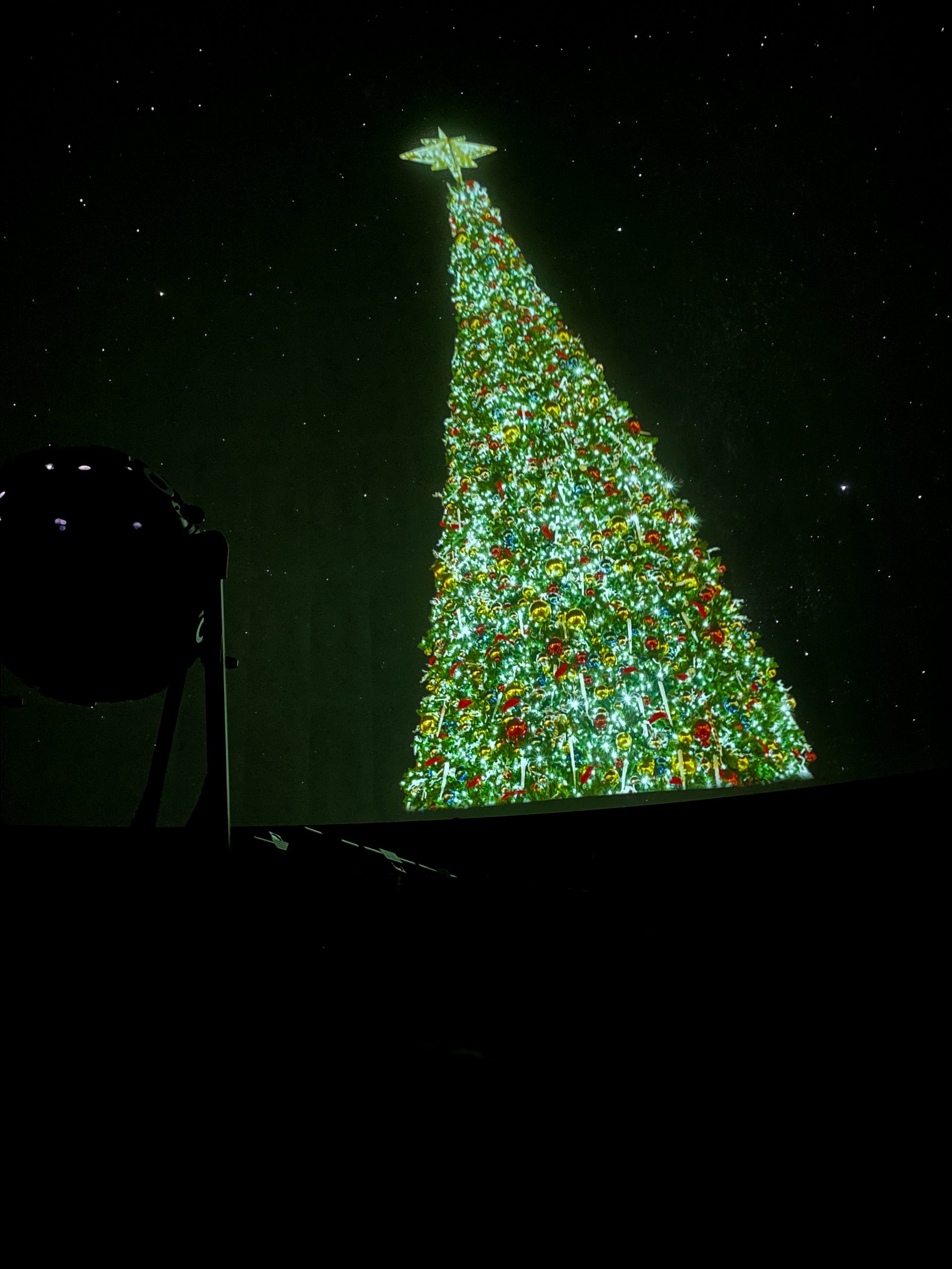 Das Foto zeigt einen geschmückten Weihnachtsbaum bei einer Show im Planetarium Bochum