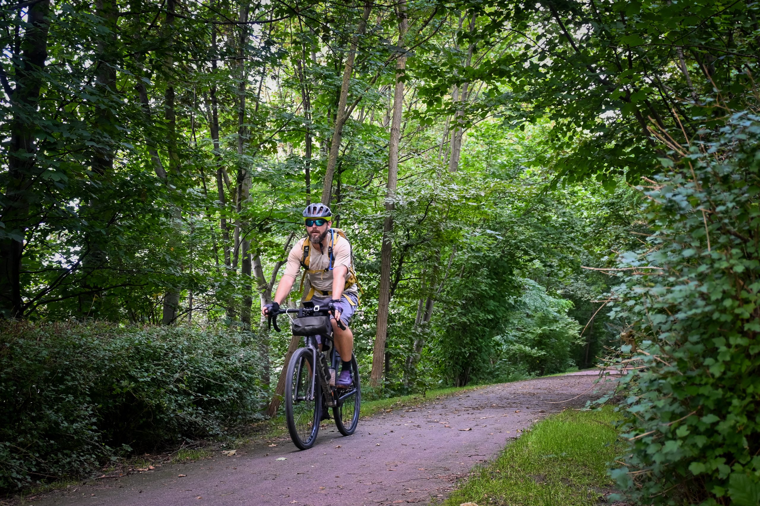 Das Bild zeigt eine Person auf dem Gravel Bike im Wald