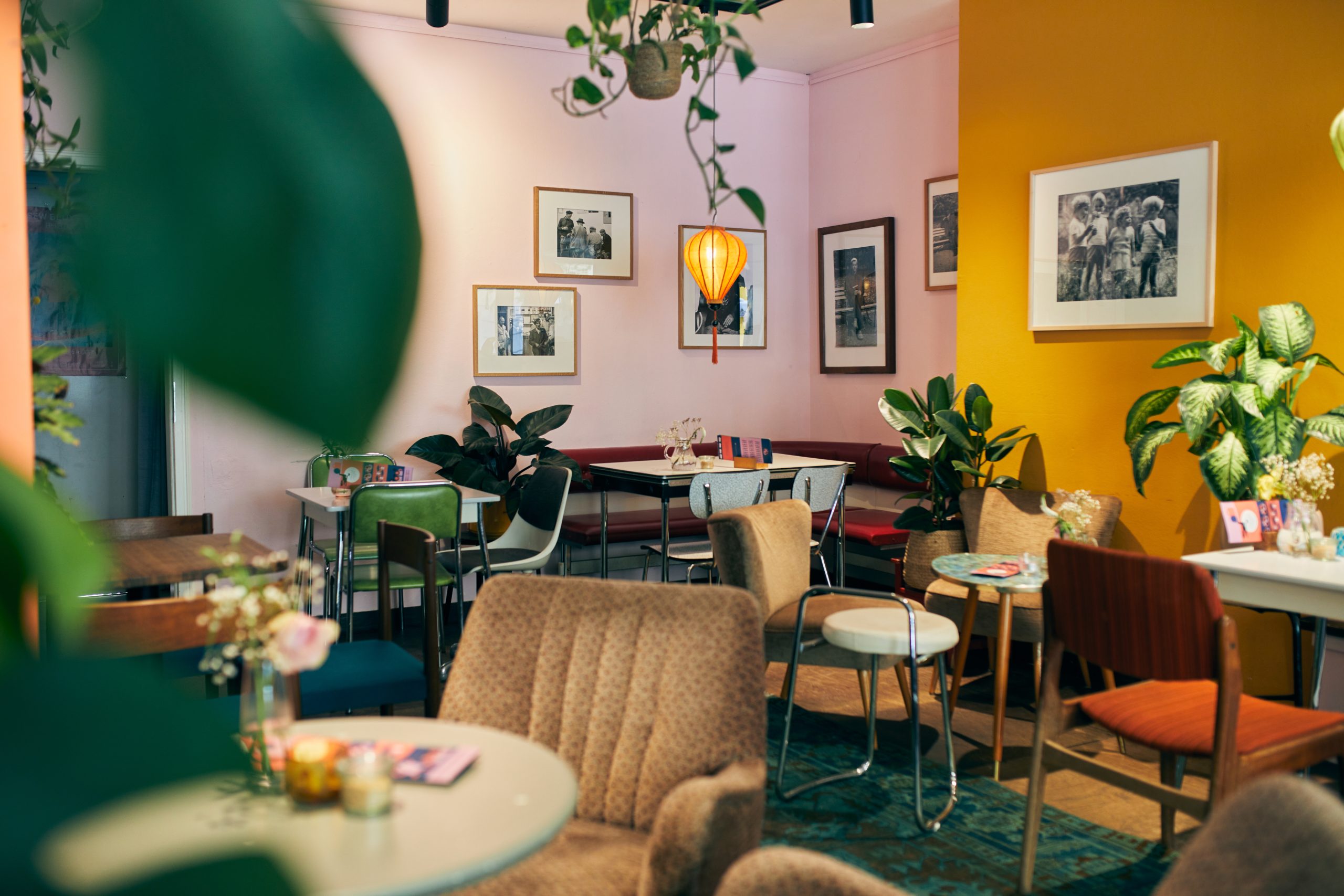 Eine gemütliche Café-Einrichtung mit verschiedenen Vintage-Stühlen und -Tischen, Topfpflanzen und gerahmten Fotos an pastellrosa und gelben Wänden. Die warme Beleuchtung schafft eine gemütliche, einladende Atmosphäre.