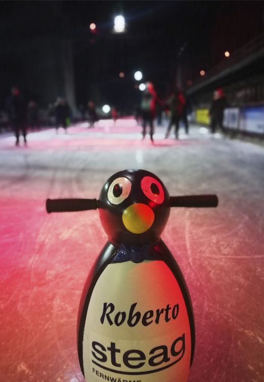 Das Foto zeigt einen Pinguin, der auf der Zollverein Eisbahn als Eislaufhilfe dient