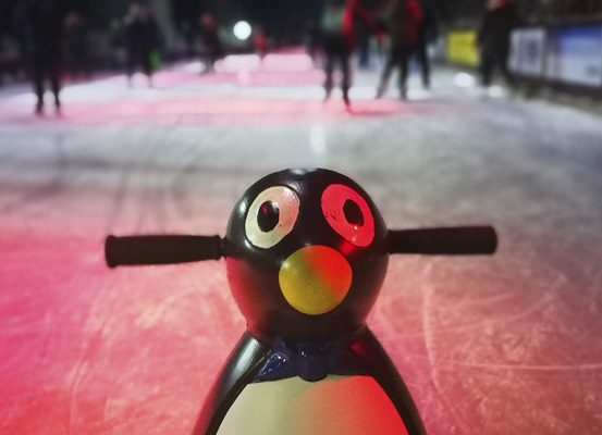 Das Foto zeigt einen Pinguin, der auf der Zollverein Eisbahn als Eislaufhilfe dient
