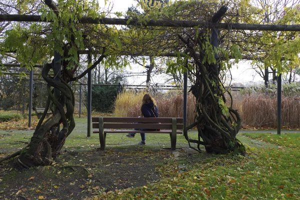 Das Foto zeigt Bloggerin Rebecca auf einer Bank im Grugapark Essen