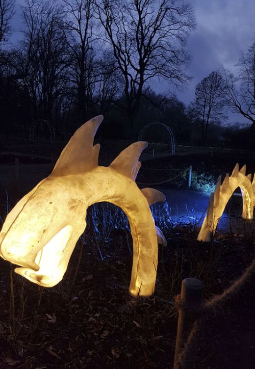 Das Foto zeigt eine monsterähnliche Installation beim Parkleuchten im Grugapark Essen
