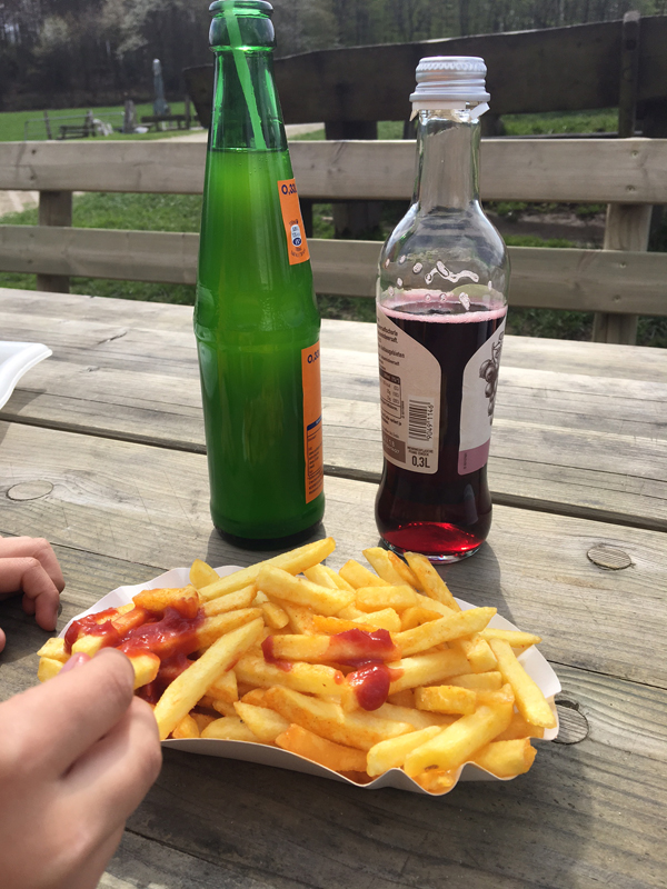 Das Bild zeigt Pommes und zwei Getränke