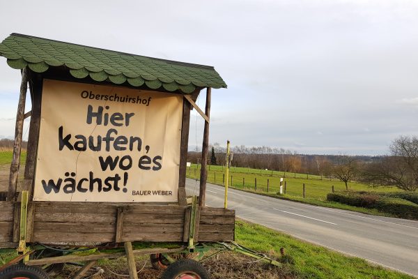 Das Foto zeigt einen Aufsteller des Oberschuirshofs in Essen