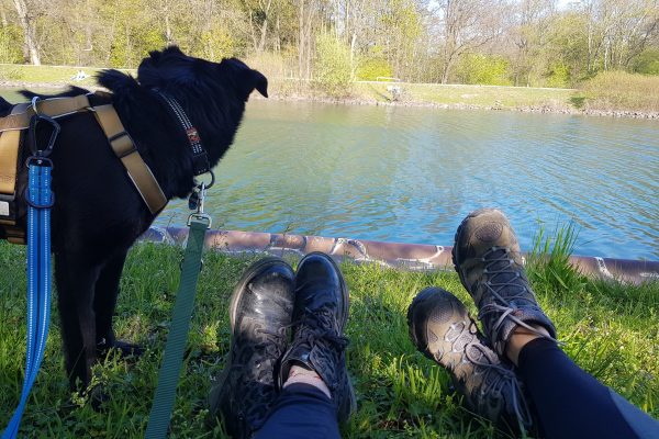 Das Foto zeigt zwei Paar Schuhe und einen Hund am Kanal in Dortmund