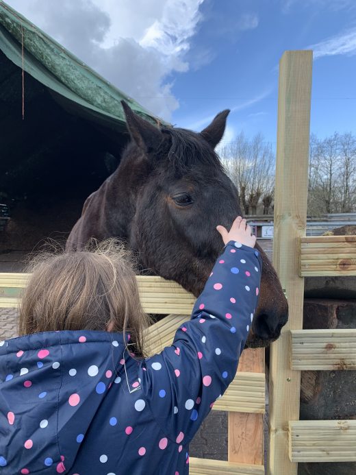 Das Foto zeigt Ninas Tochter zusammen mit einem Pferd auf dem Bauernhof Sagel in Bottrop-Kirchhellen