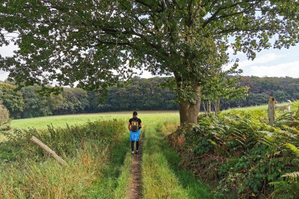 Das Foto zeigt Heike auf einem Feldwanderweg in Sprockhövel bei der Mädelswanderung von Hattingen nach Sprockhövel