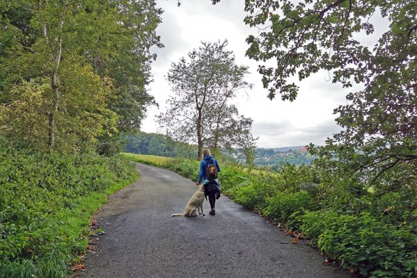 Das Foto zeigt Heike und Hund Theo auf dem Ruhrhöhenweg in Hattingen