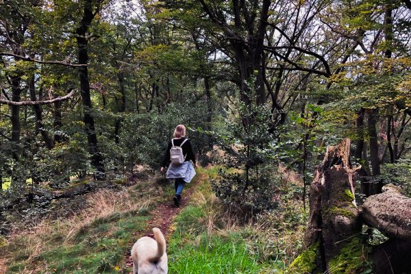 Das Foto zeigt Katalina und Hund Theo beim Wandern auf dem Salzweg in Hattingen