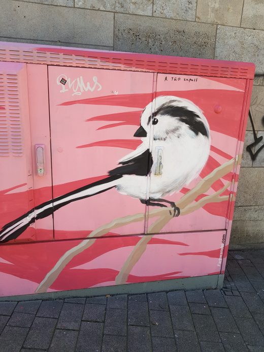 Das Foto zeigt das Graffitti eines Vögelchens in der Essener Innenstadt