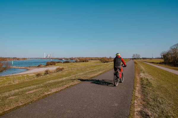 Das Foto zeigt einen Radfahrer auf dem Rheindamm im Kreis Wesel