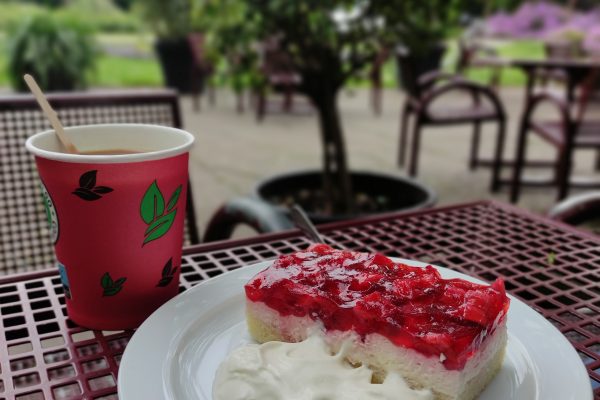 Das Bild zeigt eine Teller mit Kuchen und Kaffee