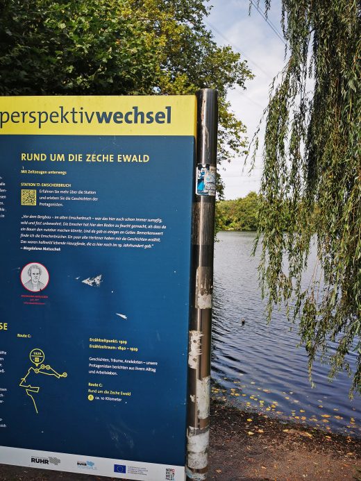 Das Foto zeigt den Ewaldsee und eine Infotafel bei der Gravel.Trail.Tour durch die Brauker Alpen