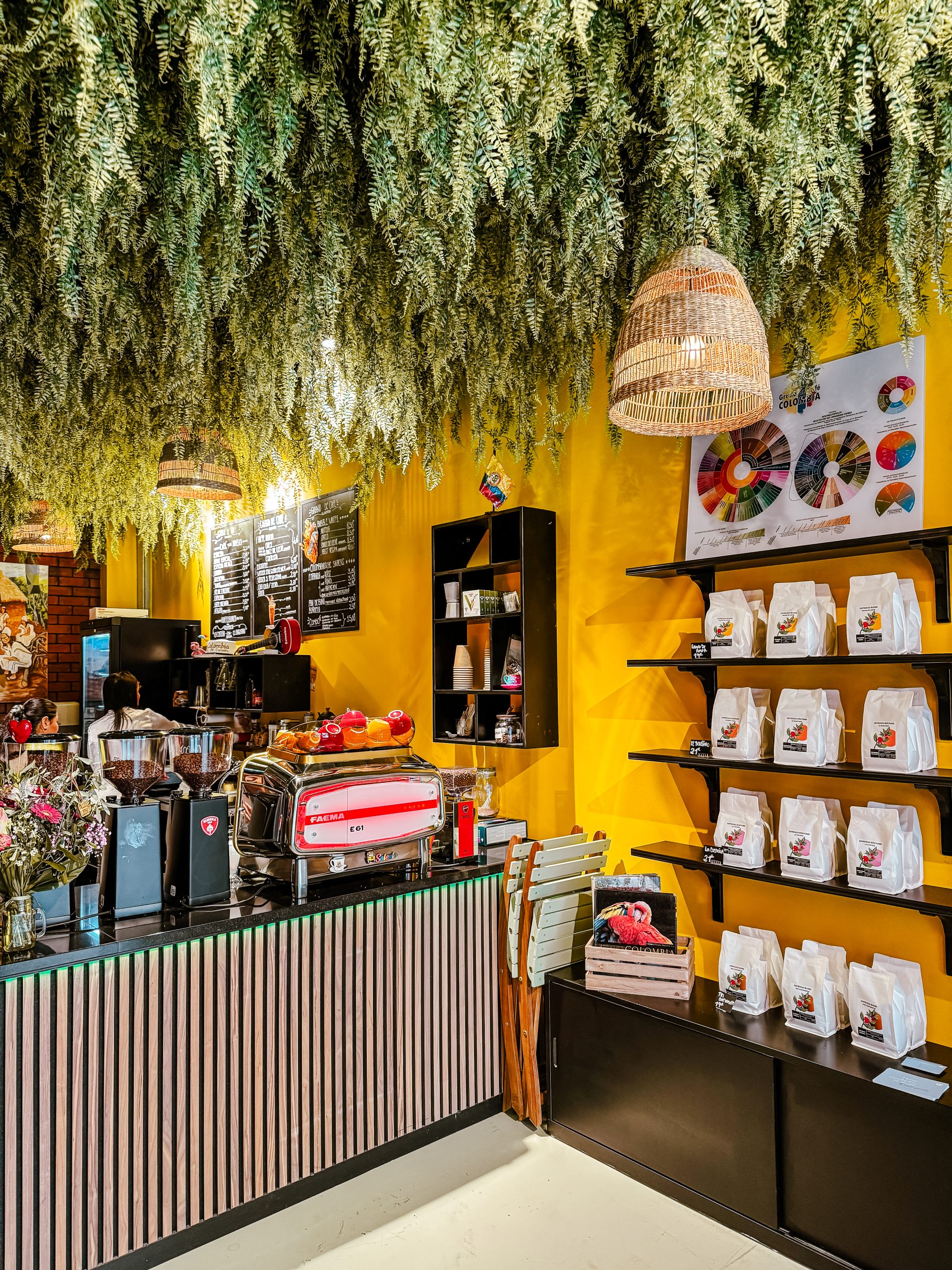 Ein gemütliches Café mit einer grünen Decke, gelben Wänden und Holzregalen, in denen Kaffeesäcke ausgestellt sind. Ein Tresen mit einer Kaffeemaschine, Gebäck und hängenden Weidenlampen vervollständigt die einladende Atmosphäre.