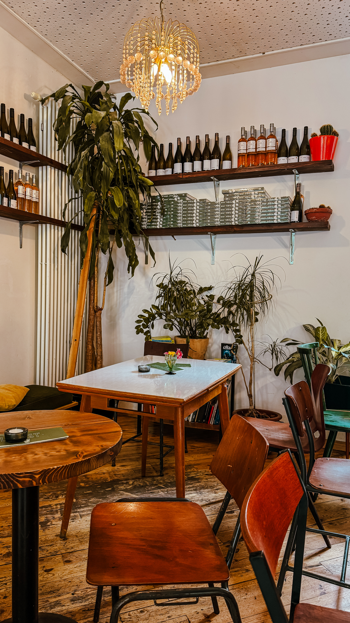 Gemütliches Café-Interieur mit Holzstühlen, Marmortischen, Topfpflanzen, einem Kronleuchter und Regalen mit Flaschen und Gläsern an weißen Wänden. Warme, einladende Atmosphäre mit rustikalem Holzfußboden.