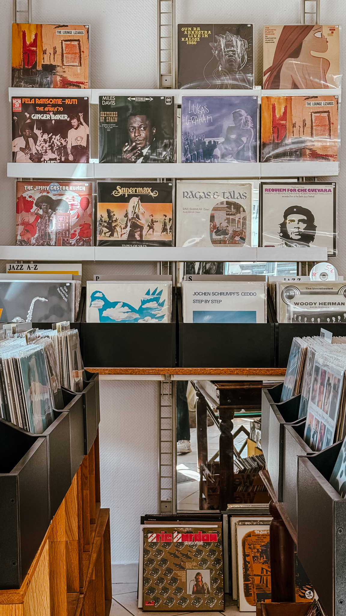 Eine Auslage mit Schallplatten auf Wandregalen und in Behältern, die verschiedene Plattencover mit lebendigen Bildern und Porträts zeigen. Die Szene erinnert an einen gemütlichen, organisierten Plattenladen oder eine Musiksammlung.